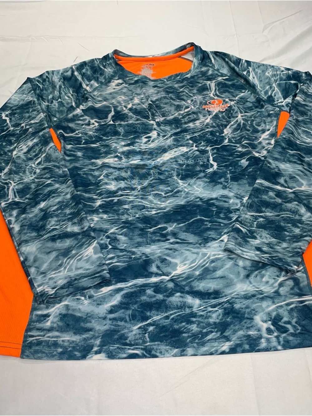 Mossy Oak Fishing Shirt Mens Large Blue‎ Orange Water Print Long Sleeve Elements